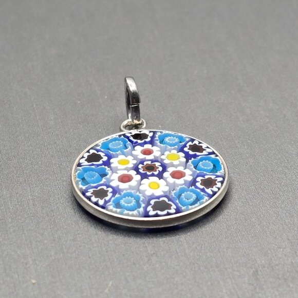 Murano Glass Millefiori Pendant 1" Sterling Silver Blue White Italy Signed PD - Picture 4 of 9